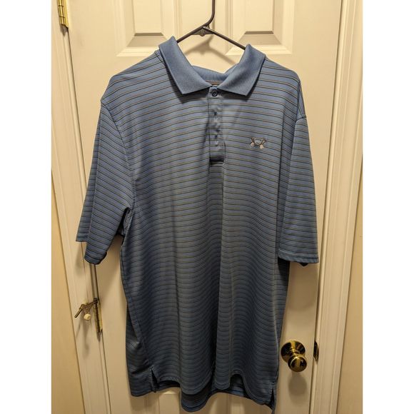 Under Armour Polo Shirt Mens 3XL Loose Blue Striped HeatGear Casual Golf Stretch - Picture 2 of 6